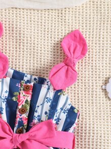 Baby Floral & Striped Print Bow Shoulder Ruffle Hem Cami Dress - Multicolor - View 5