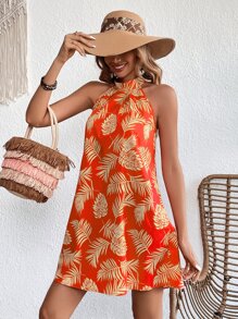 SHEIN VCAY 熱帶圖案繞頸洋裝 - 橘色 - 查看 1
