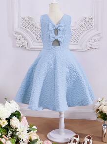 SHEIN 女孩素色鏤空後綁帶蝴蝶結無袖連衣裙 - 淺藍色 - 查看 2