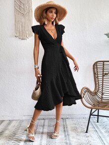 SHEIN VCAY Solid Ruffle Trim Tie Side Wrap Dress - Black - View 5