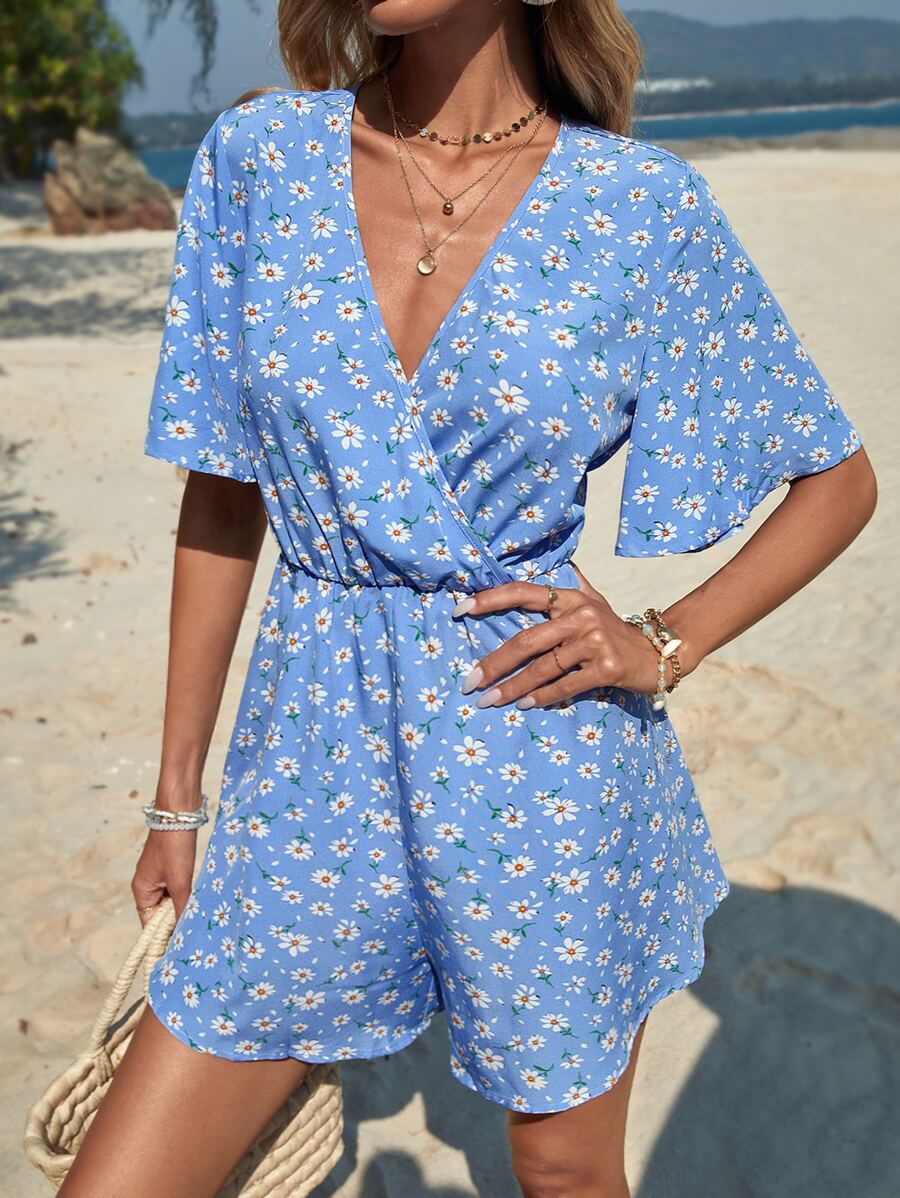 SHEIN VCAY Ditsy Floral Print Surplice Neck Butterfly Sleeve Romper - Multicolor - View 1