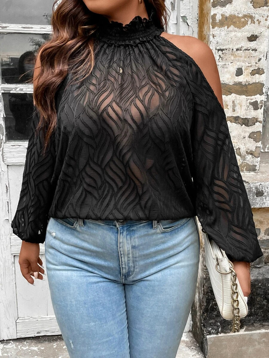 SHEIN Clasi Plus Cold Shoulder Lantern Sleeve Blouse - Black - View 1