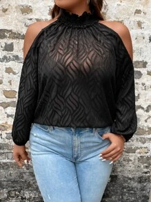 SHEIN Clasi Plus Cold Shoulder Lantern Sleeve Blouse - Black - View 3