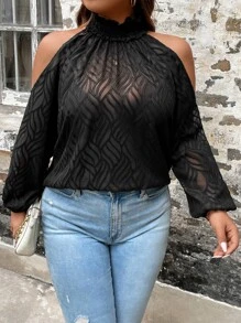 SHEIN Clasi Plus Cold Shoulder Lantern Sleeve Blouse - Black - View 4