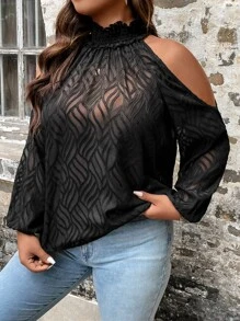 SHEIN Clasi Plus Cold Shoulder Lantern Sleeve Blouse - Black - View 5