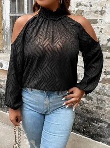 SHEIN Clasi Plus Cold Shoulder Lantern Sleeve Blouse - Black - View 6