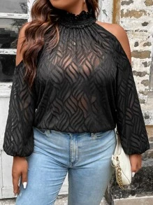 SHEIN Clasi Plus Cold Shoulder Lantern Sleeve Blouse - Black - View 7