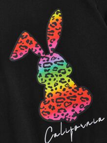 SHEIN Niñas Camiseta con estampado de conejo y letra - Negro - Ver 4