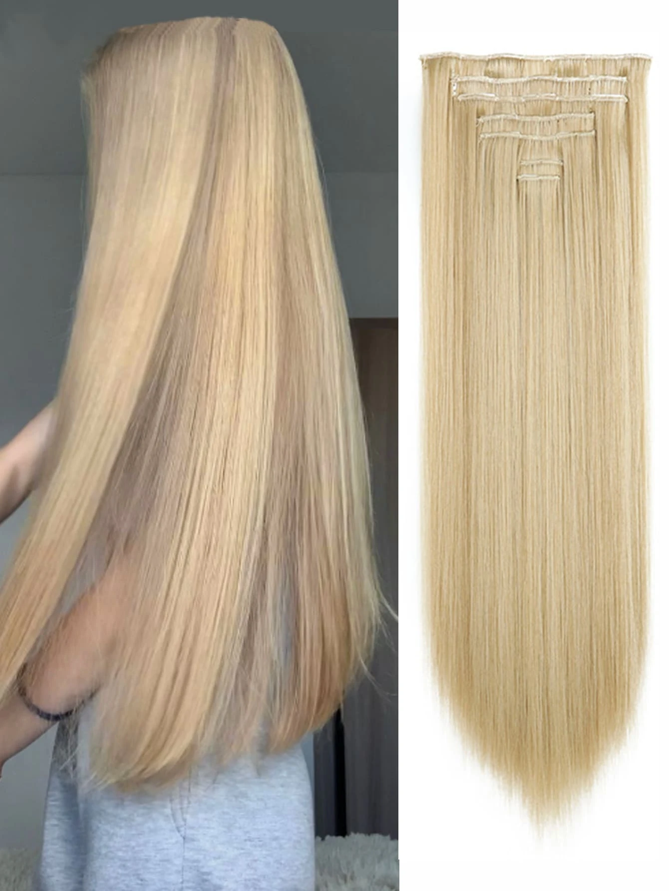 7 piezas Extensión del pelo con clip largo recto sintético - Amarillo Mostaza - Ver 1