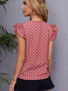 SHEIN Clasi Polka Dot Print Ruffle Trim Blouse - Dusty Pink - View 2