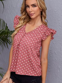 SHEIN Clasi Polka Dot Print Ruffle Trim Blouse - Dusty Pink - View 6