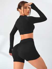 Slayform 固體色頸項運動套裝,健身套裝 - 黑色 - 查看 2