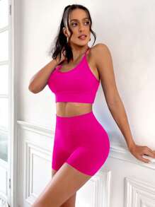 Easithlete 交叉露背宽腰带运动套装热粉色连衣裙热粉色连衣裙女孩露背连衣裙女孩紧身连衣裙健身女士套装女士健身套装热粉色 - 粉色 - 查看 6