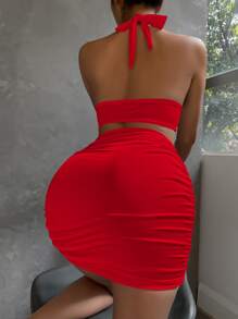 SHEIN Unity Solid Halter Top & Ruched Bodycon Skirt - Red - View 2