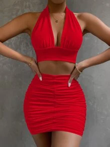SHEIN Unity Solid Halter Top & Ruched Bodycon Skirt - Red - View 3