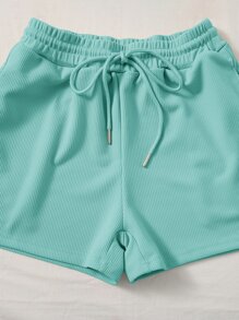 SHEIN EZwear Bộ đồ hai mảnh nữ Dây kéo Túi Gân đan màu trơn Giải trí - Màu xanh bạc hà - Xem 5