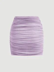 SHEIN MOD Falda Morada Sólida Ajustada Al Cuerpo Y Fruncida Con Envoltura - Lila Púrpura - Ver 2