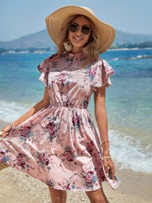 SHEIN VCAY Floral Print Ruffle Trim Dress - Multicolor - View 3