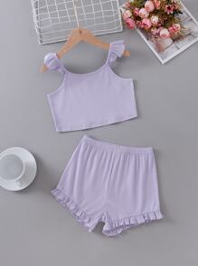 Chicas Conjunto de pijama shorts con top de tirantes ribete con fruncido - Lila Púrpura - Ver 1