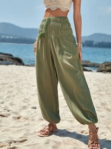 SHEIN VCAY Quần nữ mép Thắt nút Dải chun màu trơn Boho - xanh quân đội - Xem 1