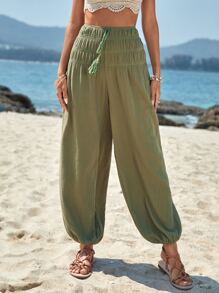 SHEIN VCAY Quần nữ mép Thắt nút Dải chun màu trơn Boho - xanh quân đội - Xem 3