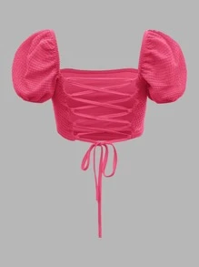 Soleia Top crop de manga farol de espalda abierta con cordón - Rosa Fucsia - Ver 2