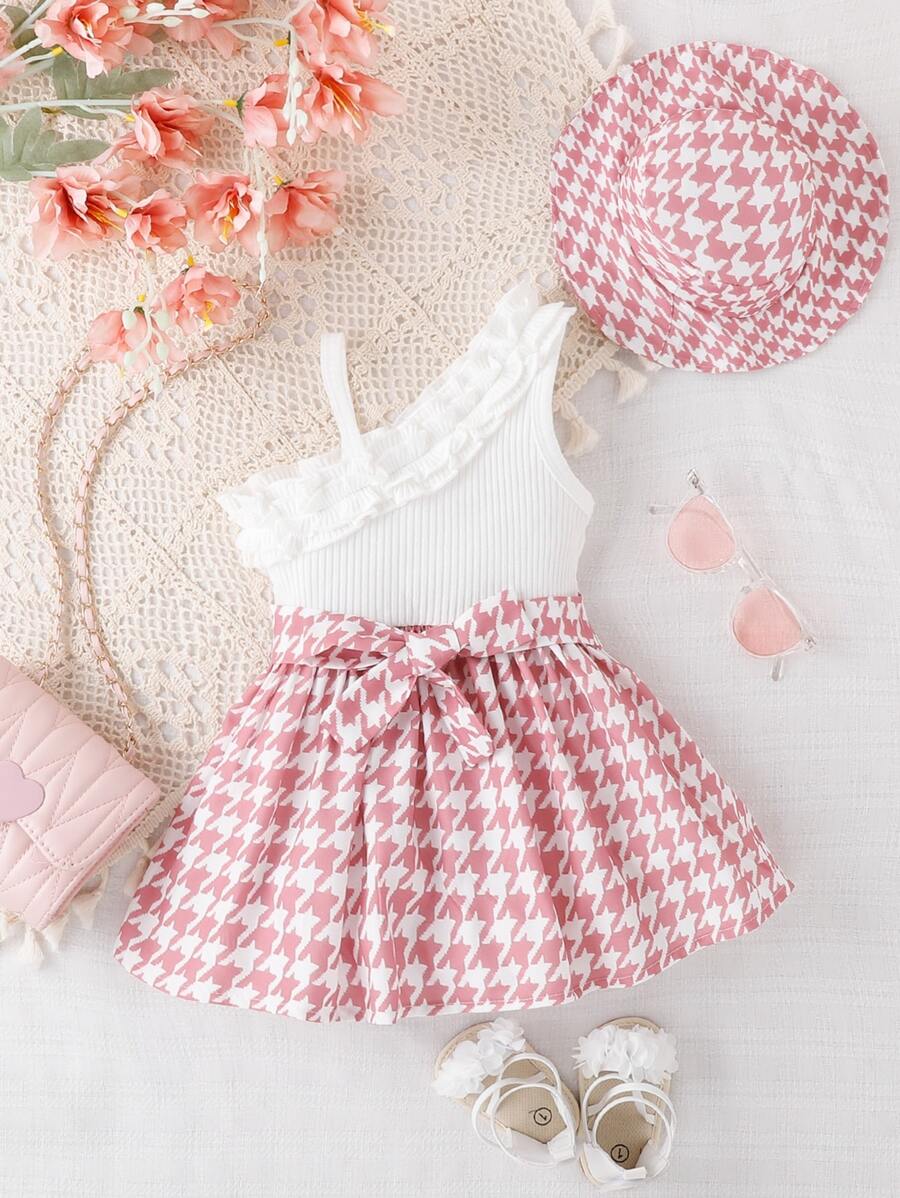 Baby Houndstooth Print Asymmetrical Neck Ruffle Trim Belted Dress - Multicolor - View 1