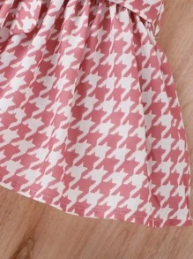 Baby Houndstooth Print Asymmetrical Neck Ruffle Trim Belted Dress - Multicolor - View 6