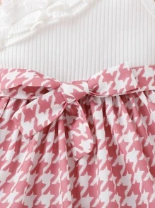 Baby Houndstooth Print Asymmetrical Neck Ruffle Trim Belted Dress - Multicolor - View 7
