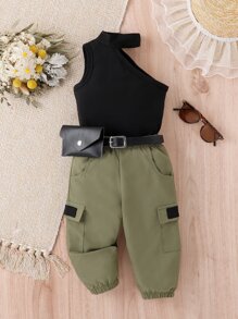 Đứa bé gái Chất rắn Dây Áo thun & Túi nắp bên cạnh Quần Cargo Không có thắt lưng - Nhiều màu - Xem 1