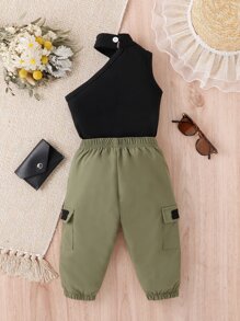 Đứa bé gái Chất rắn Dây Áo thun & Túi nắp bên cạnh Quần Cargo Không có thắt lưng - Nhiều màu - Xem 2