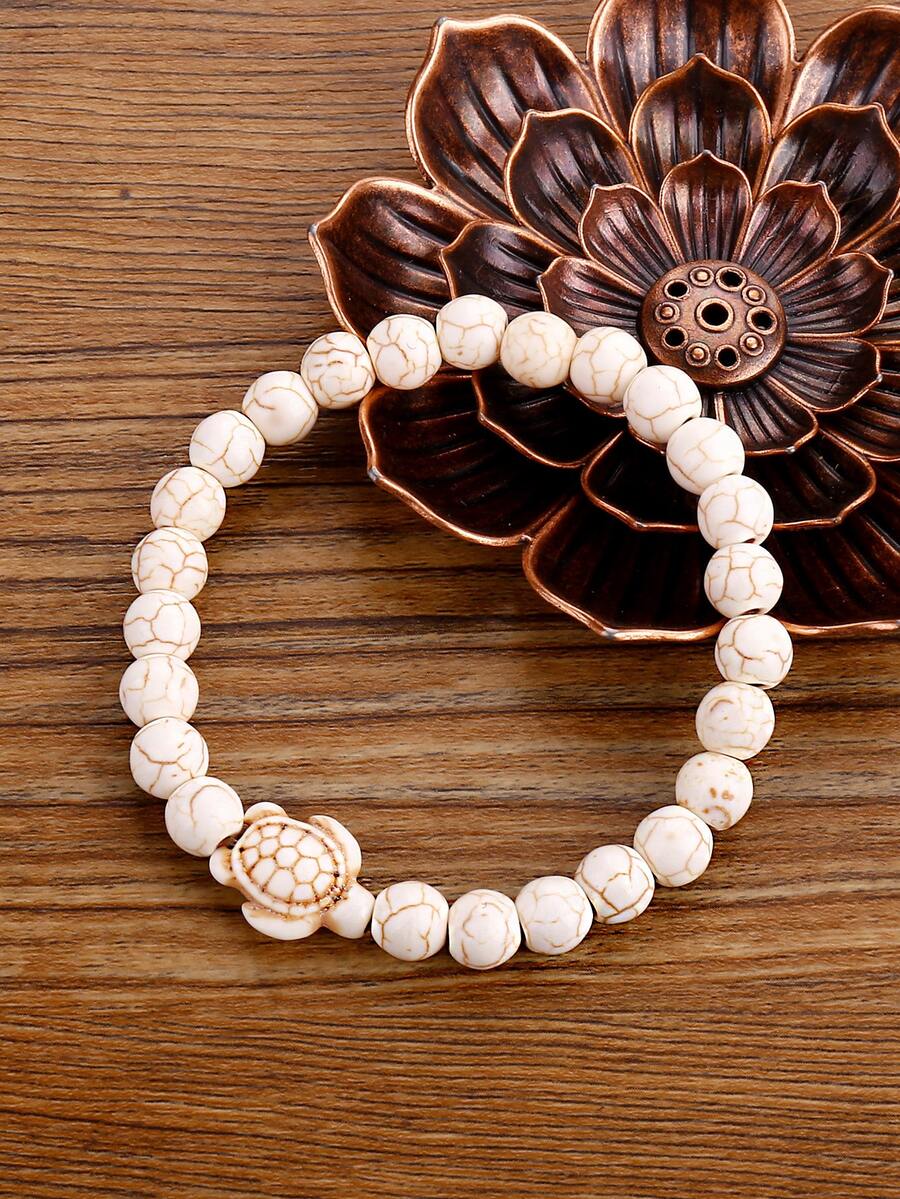 海龜裝飾石頭串珠手環 - 米色 - 查看 1