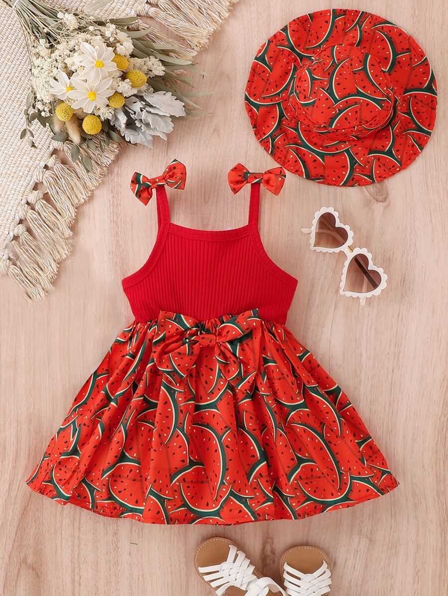 Baby Watermelon Print Bow Shoulder Cami Dress - Red - View 1