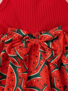 Baby Watermelon Print Bow Shoulder Cami Dress - Red - View 5