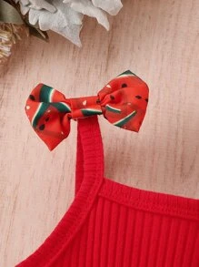 Baby Watermelon Print Bow Shoulder Cami Dress - Red - View 6