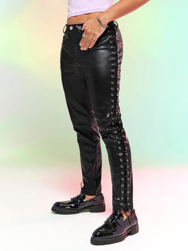 Manfinity AFTRDRK Men Solid Lace Up Side PU Leather Pants SHEIN USA