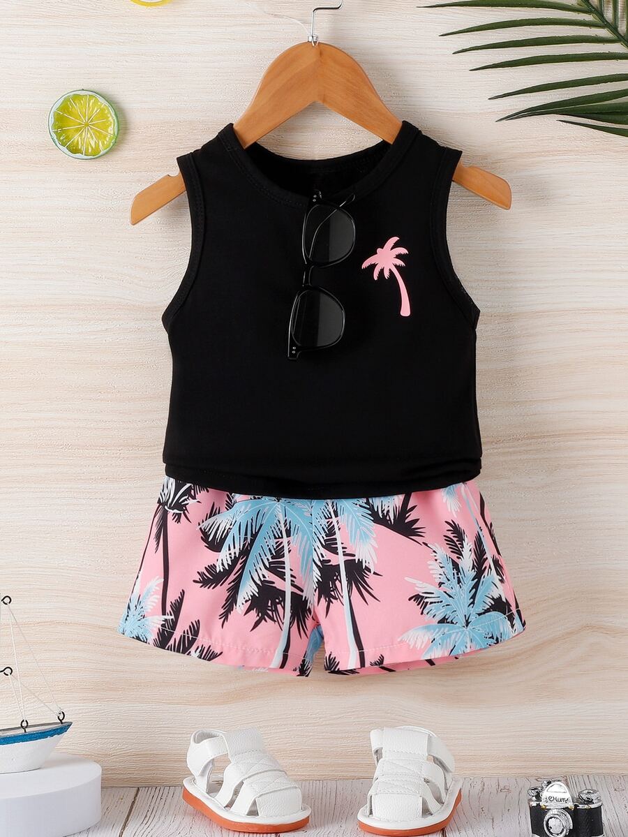 Baby Boy Coconut Tree Print Tank Top & Shorts - Multicolor - View 1