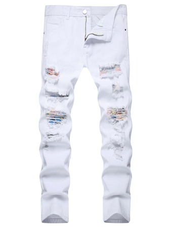 Men Ripped Frayed Rag Stitching Jeans