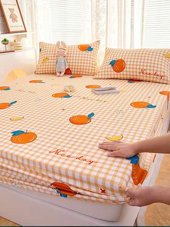 1 pieza sábana bajera con estampado naranja, sábana bajera con diseño de frutas y cuadros para dormitorio