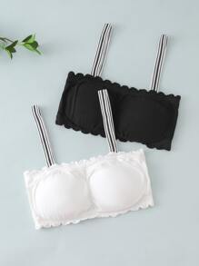 Teen Girls 2pcs Striped Strap Wireless Bralet - Black and White - View 1