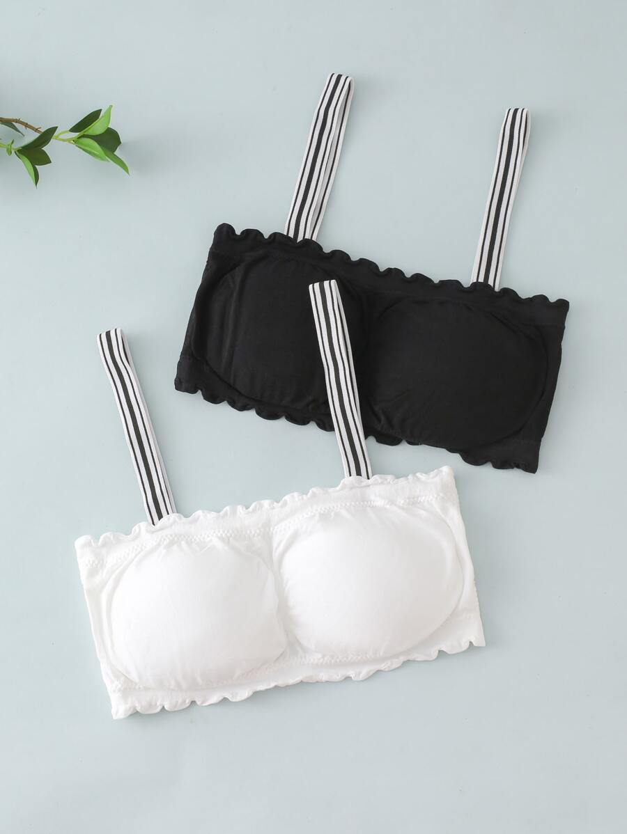 Teen Girls 2pcs Striped Strap Wireless Bralet - Black and White - View 1
