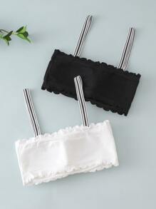 Teen Girls 2pcs Striped Strap Wireless Bralet - Black and White - View 2