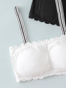 Teen Girls 2pcs Striped Strap Wireless Bralet - Black and White - View 3