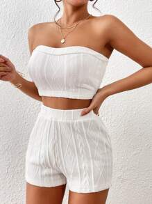 SHEIN Essnce Women Strapless Top & Elastic Waist Shorts Two Pieces Set For Summer - White - View 6