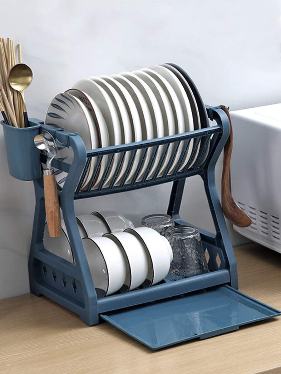 giá để bát đĩa 2 lớp, Giá đỡ ống thoát nước màu trơn bằng nhựa PP Bắc Âu cho nhà bếp - Màu xanh lam - Xem 1