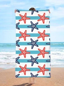1 pieza toalla de playa con patrón de estrella de mar, toalla de playa de viaje con estampado de rayas y estrellas de mar de dibujos animados para exteriores, viajes - Multicolor - Ver 1