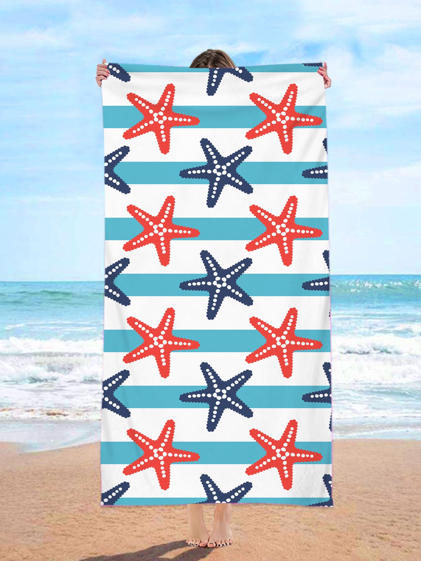 1 pieza toalla de playa con patrón de estrella de mar, toalla de playa de viaje con estampado de rayas y estrellas de mar de dibujos animados para exteriores, viajes - Multicolor - Ver 1