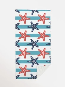 1 pieza toalla de playa con patrón de estrella de mar, toalla de playa de viaje con estampado de rayas y estrellas de mar de dibujos animados para exteriores, viajes - Multicolor - Ver 3