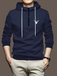 Manfinity Homme 男士小鹿刺繡四分之一拉鏈抽繩連帽衫 - 藏蓝色 - 查看 1