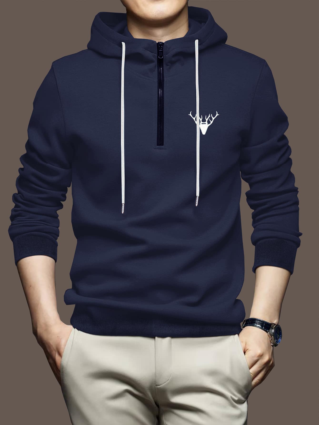 Manfinity Homme 男士小鹿刺繡四分之一拉鏈抽繩連帽衫 - 藏蓝色 - 查看 1